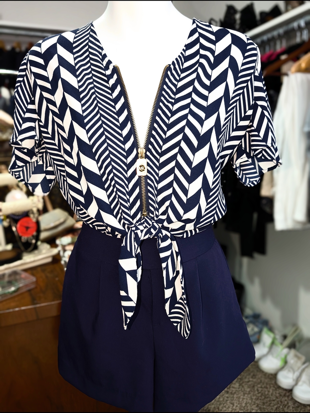 Michael Kors Navy & White Geometric Tie-Front Top